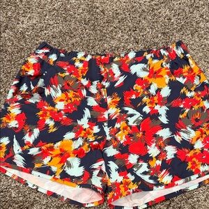 Women’s Floral Print Elastic Waist Shorts - Navy with Red & Orange